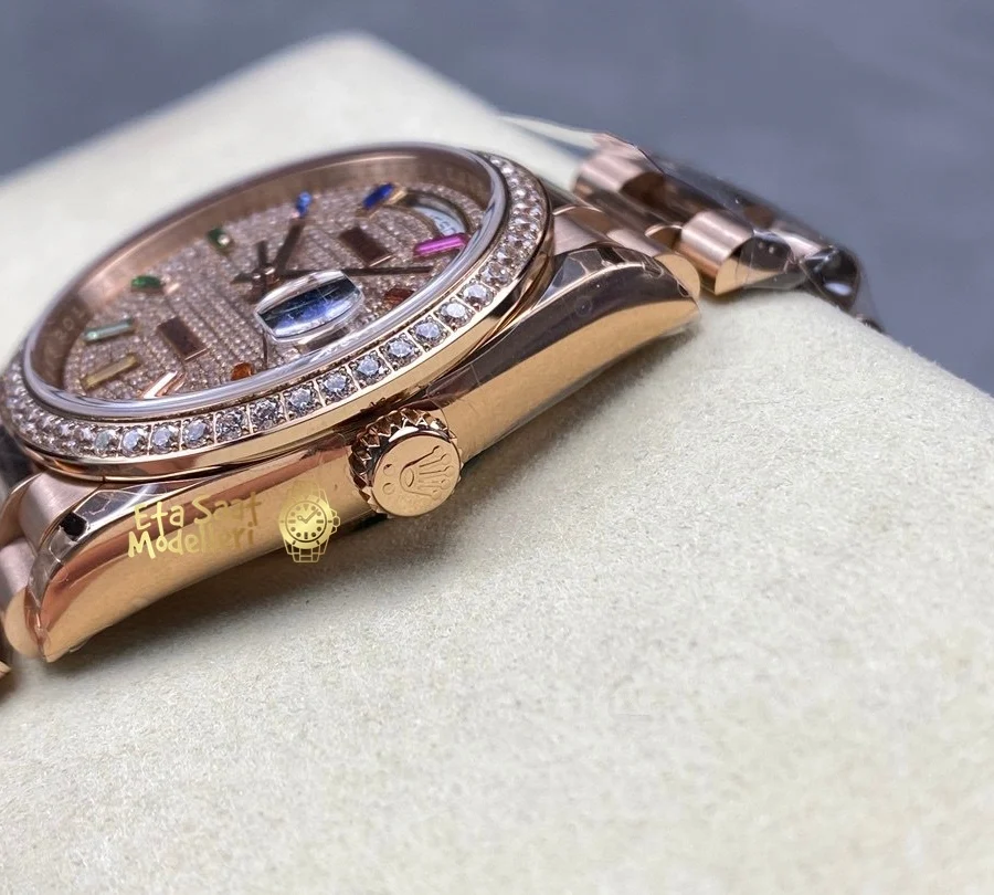 Replica Rolex Day-Date 36 Everose Altın Pırlanta Kaplı Kadran President Bilezik Erkek Saat