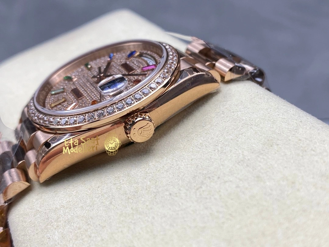 Replica Rolex Day-Date 36 Everose Altın Pırlanta Kaplı Kadran President Bilezik Erkek Saat