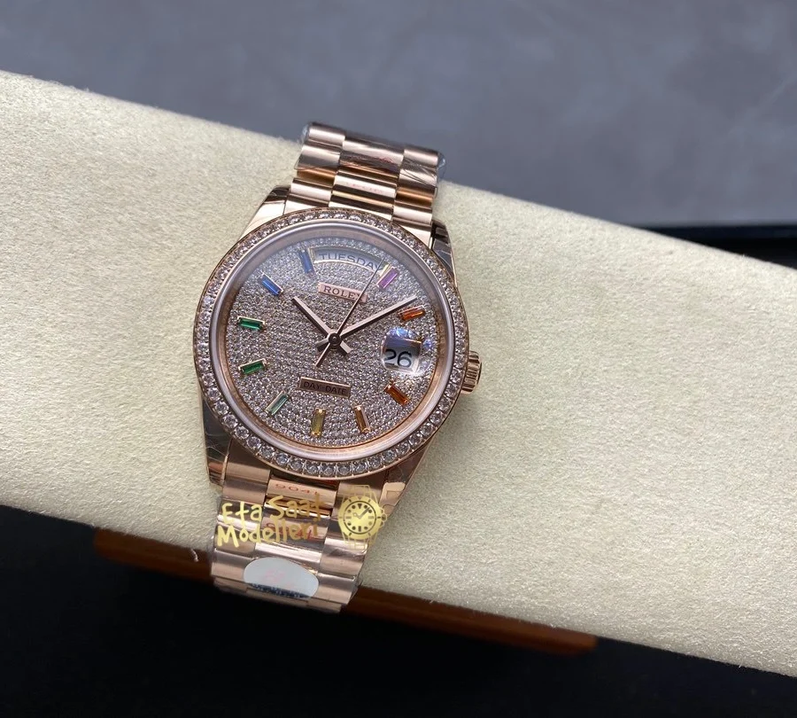 Replica Rolex Day-Date 36 Everose Altın Pırlanta Kaplı Kadran President Bilezik Erkek Saat