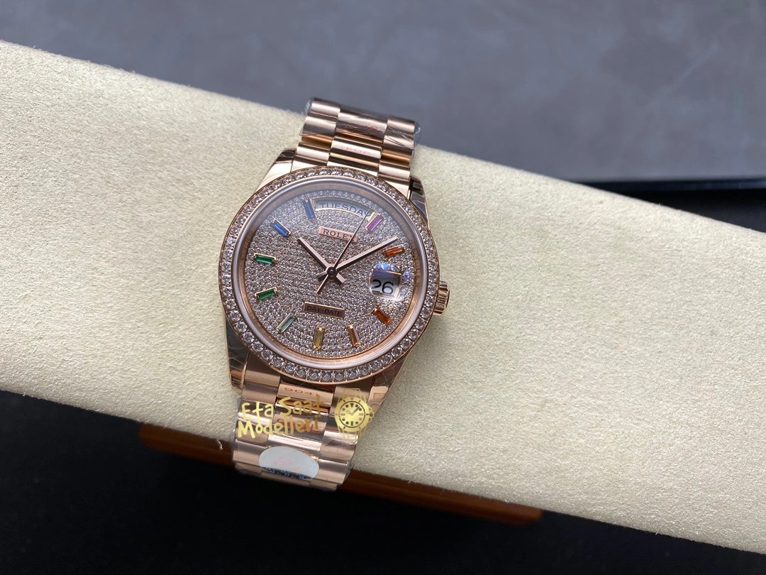 Replica Rolex Day-Date 36 Everose Altın Pırlanta Kaplı Kadran President Bilezik Erkek Saat