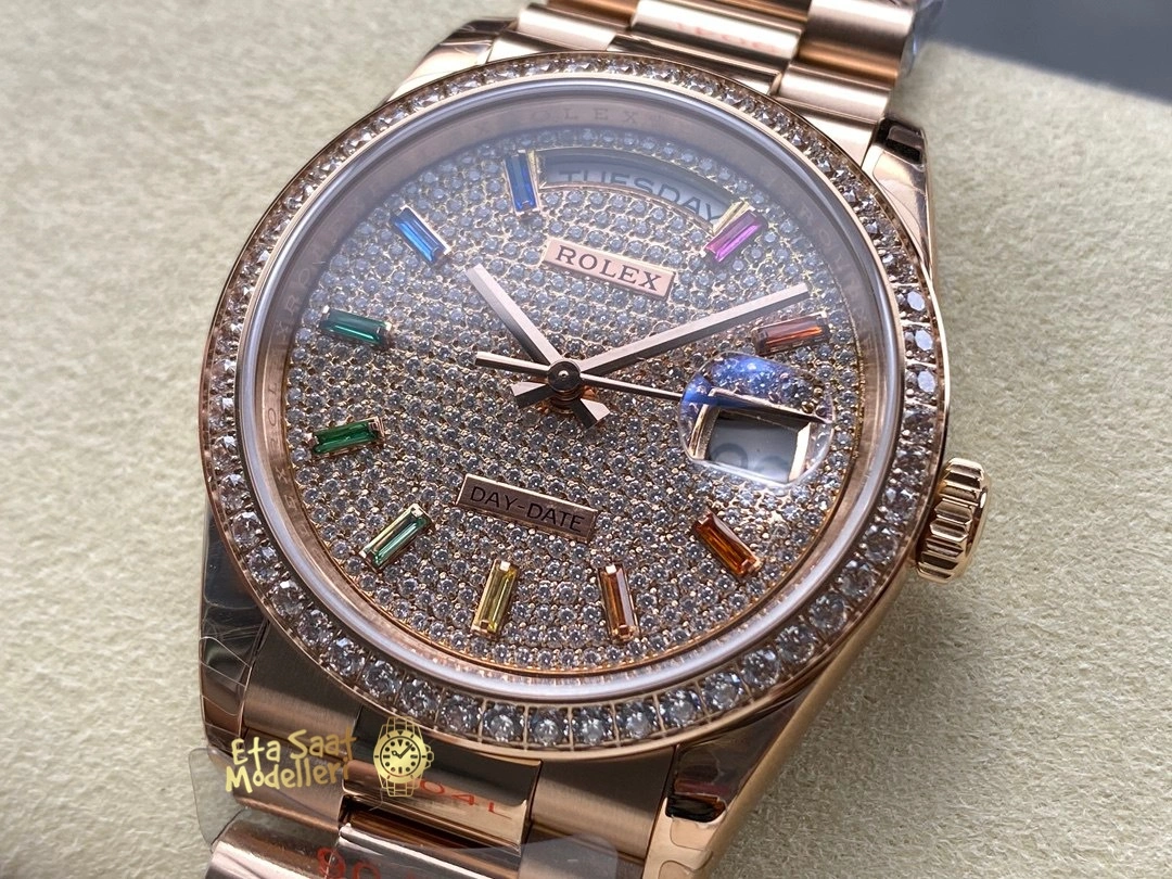 Replica Rolex Day-Date 36 Everose Altın Pırlanta Kaplı Kadran President Bilezik Erkek Saat