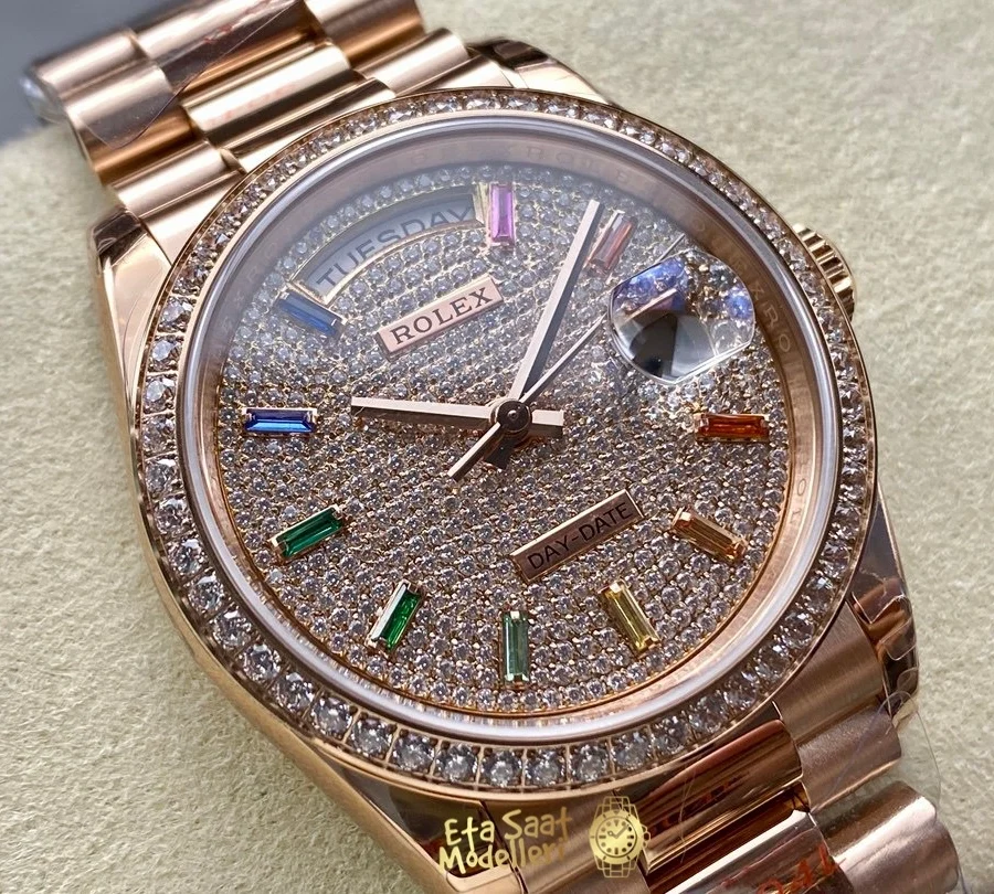 Replica Rolex Day-Date 36 Everose Altın Pırlanta Kaplı Kadran President Bilezik Erkek Saat