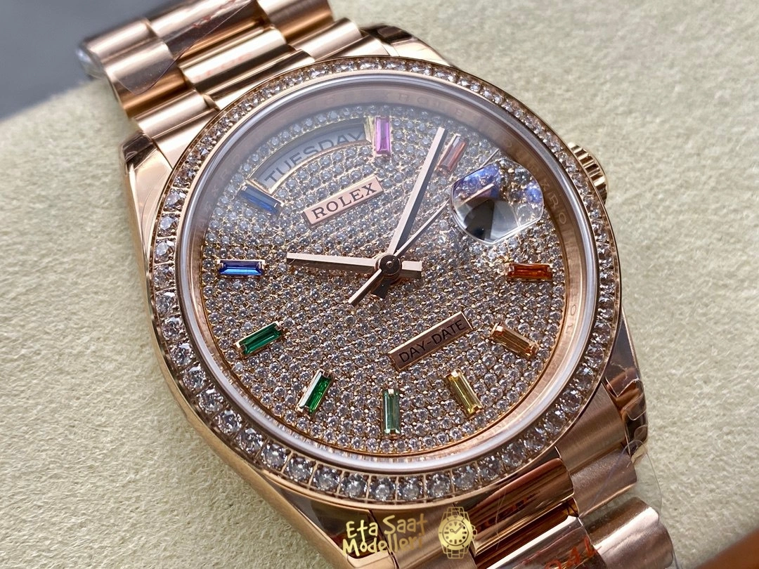 Replica Rolex Day-Date 36 Everose Altın Pırlanta Kaplı Kadran President Bilezik Erkek Saat