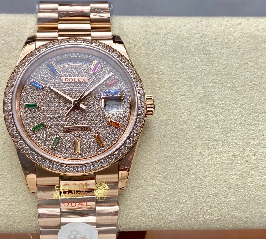 Replica Rolex Day-Date 36 Everose Altın Pırlanta Kaplı Kadran President Bilezik Erkek Saat