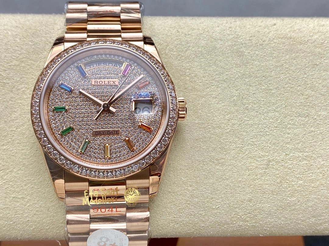 Replica Rolex Day-Date 36 Everose Altın Pırlanta Kaplı Kadran President Bilezik Erkek Saat