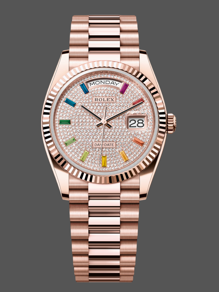 Replica Rolex Day-Date 36 Everose Altın Pırlanta Kaplı Kadran President Bilezik Erkek Saat