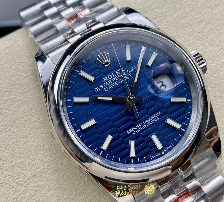 Replica Rolex Datejust 126200 Mavi Motif Dalga Desenli Kadran Pürüzsüz Bezel Unisex Saat
