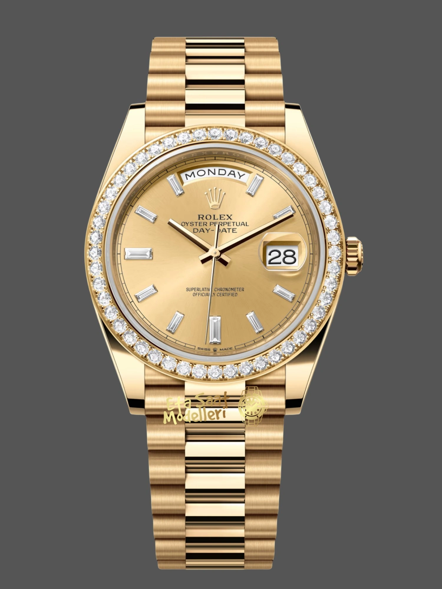 Replica Rolex Day-Date 40 Sarı Altın Pırlanta Bezel ve Kadran Erkek Saat