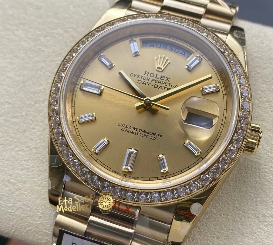 Replica Rolex Day-Date 40 Sarı Altın Pırlanta Bezel ve Kadran Erkek Saat