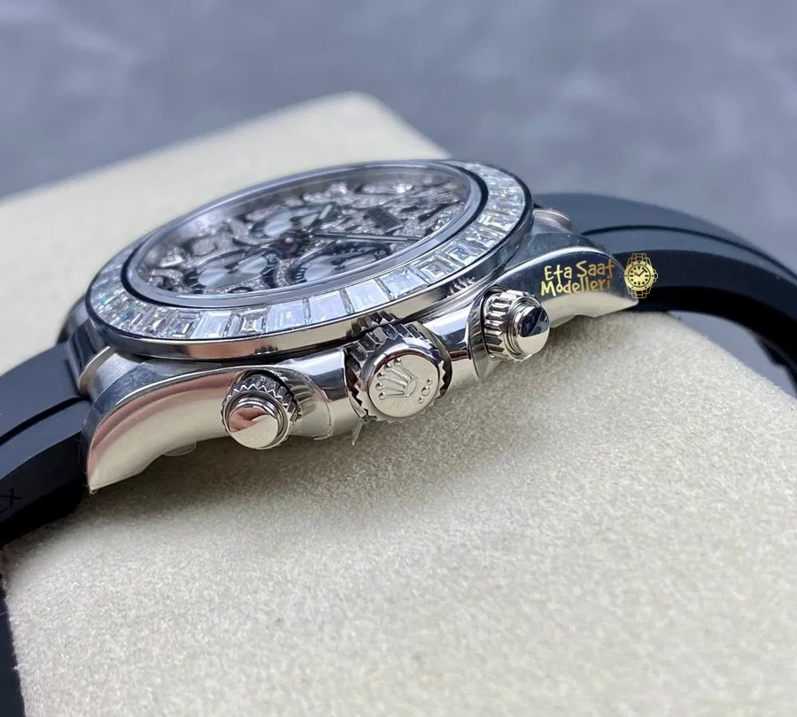 Replica Rolex Daytona 40mm Eye of the Tiger 116589TBR Beyaz Altın Pırlanta Bezel Oysterflex Kayış Erkek Saat