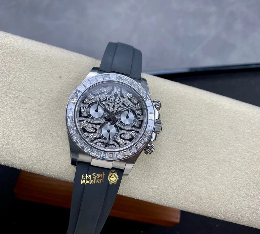 Replica Rolex Daytona 40mm Eye of the Tiger 116589TBR Beyaz Altın Pırlanta Bezel Oysterflex Kayış Erkek Saat