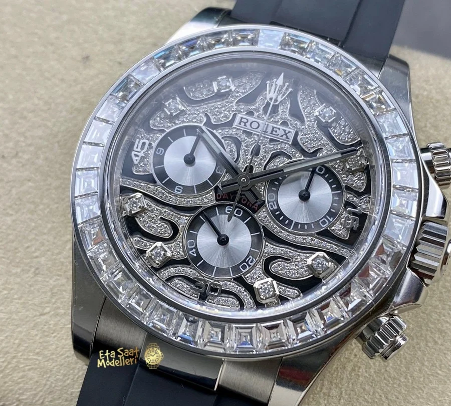 Replica Rolex Daytona 40mm Eye of the Tiger 116589TBR Beyaz Altın Pırlanta Bezel Oysterflex Kayış Erkek Saat