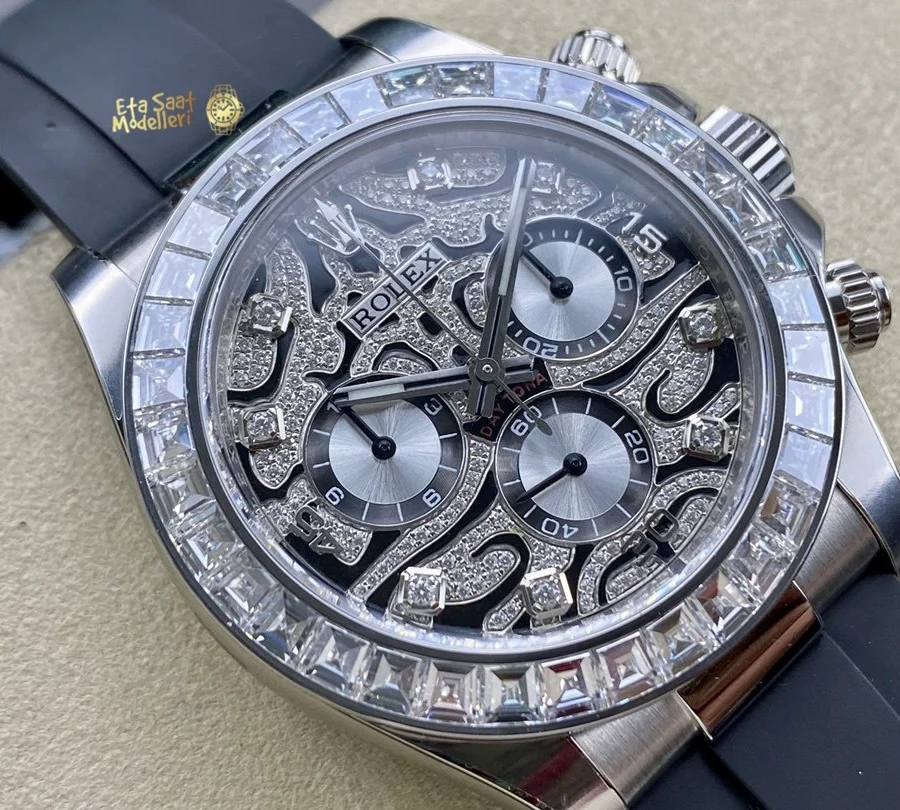 Replica Rolex Daytona 40mm Eye of the Tiger 116589TBR Beyaz Altın Pırlanta Bezel Oysterflex Kayış Erkek Saat