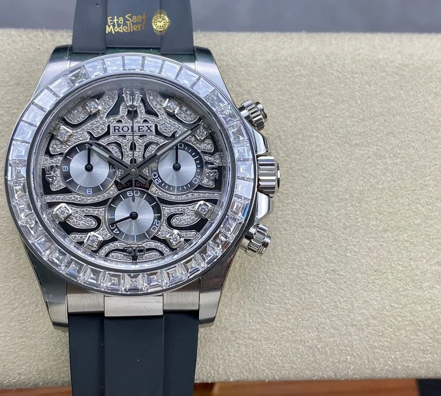 Replica Rolex Daytona 40mm Eye of the Tiger 116589TBR Beyaz Altın Pırlanta Bezel Oysterflex Kayış Erkek Saat