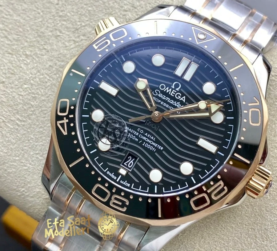 Omega Seamaster Diver 300M 210.20.42.20.01.002 Super Clone otomatik eta saat siyah kadran altın detaylı çelik bilezikli erkek modeli